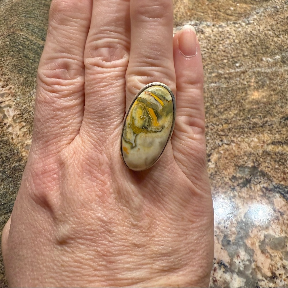 Bumblebee Jasper Large Silver Artisan Ring, Size 9 Gold / Yellow, Orange, Taupe - Picture 7 of 7